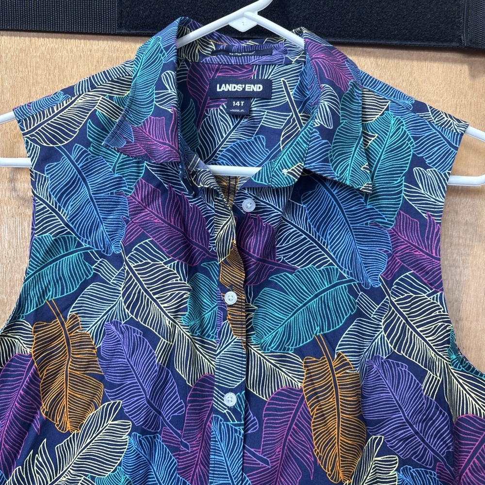 Land's End Floral Leaves Sleeveless No-Iron Logo Button Up Shirt Top Size 14Tall